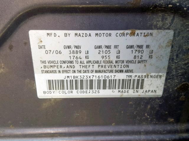 JM1BK323X71610617 - 2007 MAZDA 3 S CHARCOAL photo 10