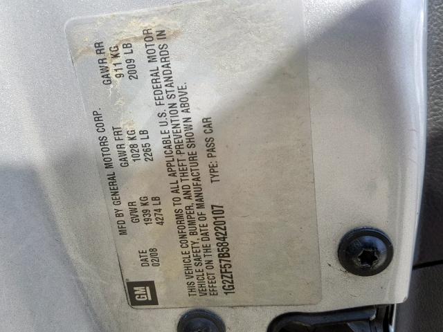 1G2ZF57B584220107 - 2008 PONTIAC G6 VALUE L GRAY photo 10