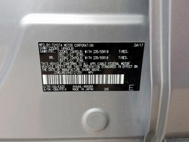 JTMDJREVXHD121355 - 2017 TOYOTA RAV4 HV LI SILVER photo 10