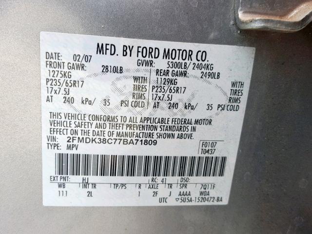 2FMDK38C77BA71809 - 2007 FORD EDGE SEL SILVER photo 10