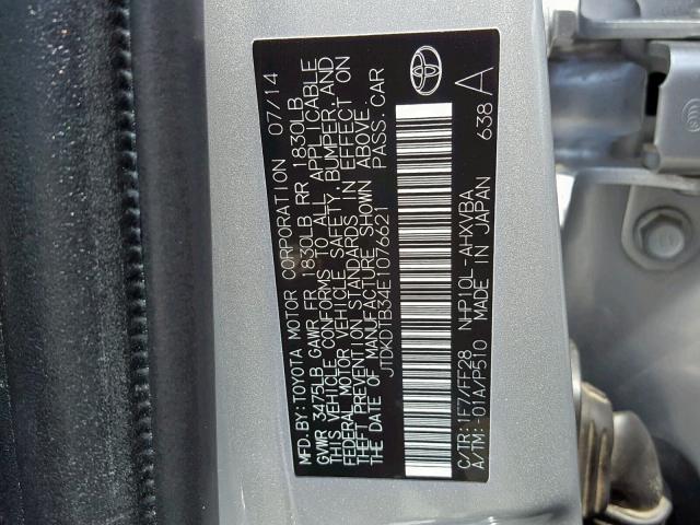 JTDKDTB34E1076621 - 2014 TOYOTA PRIUS C GRAY photo 10