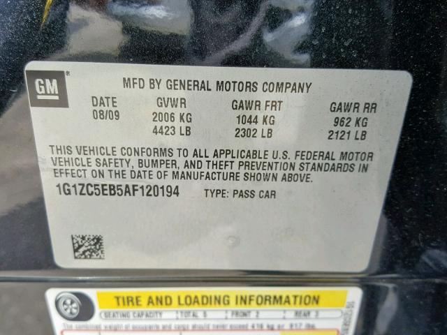 1G1ZC5EB5AF120194 - 2010 CHEVROLET MALIBU 1LT BLACK photo 10