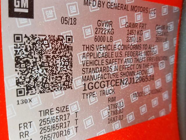 1GCGTCEN2J1296534 - 2018 CHEVROLET COLORADO L RED photo 10