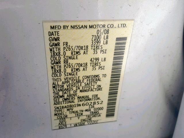 5N1BA08D19N602852 - 2009 NISSAN ARMADA SE WHITE photo 10