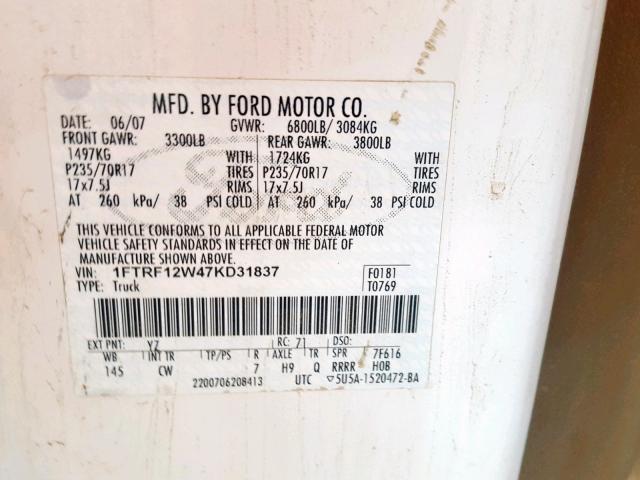 1FTRF12W47KD31837 - 2007 FORD F150 WHITE photo 10