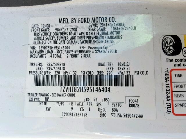 1ZVHT82H595146404 - 2009 FORD MUSTANG GT WHITE photo 10