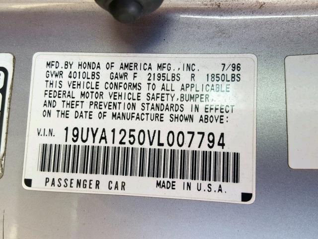 19UYA1250VL007794 - 1997 ACURA 2.2CL Сріблястий фото 10