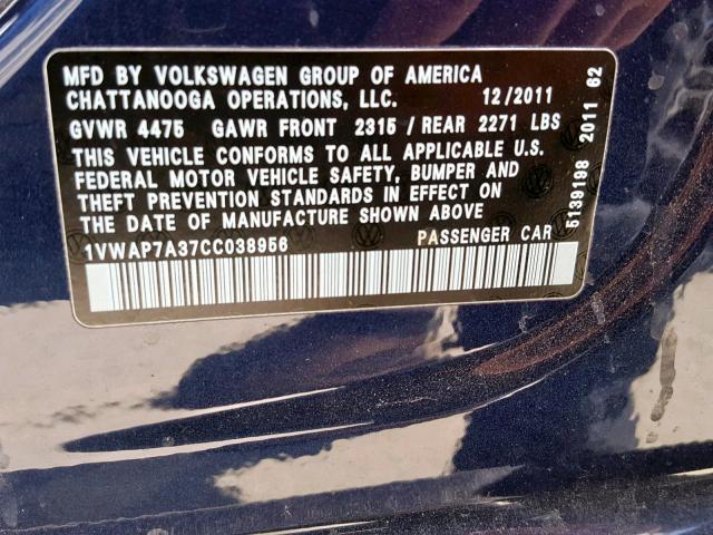 1VWAP7A37CC038956 - 2012 VOLKSWAGEN PASSAT S BLUE photo 10