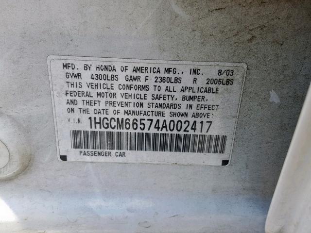 1HGCM66574A002417 - 2004 HONDA ACCORD EX WHITE photo 10