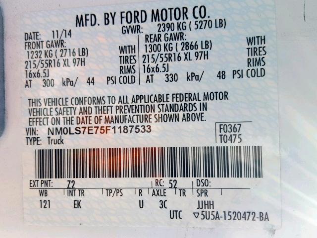 NM0LS7E75F1187533 - 2015 FORD TRANSIT CO WHITE photo 10