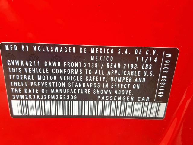 3VW2K7AJ2FM253309 - 2015 VOLKSWAGEN JETTA BASE RED photo 10