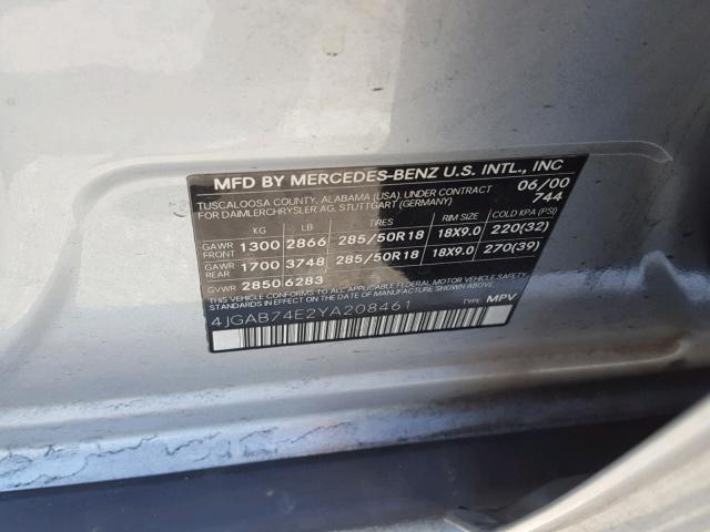 4JGAB74E2YA208461 - 2000 MERCEDES-BENZ ML 55 SILVER photo 10