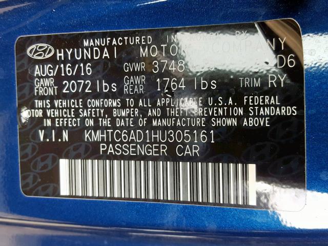 KMHTC6AD1HU305161 - 2017 HYUNDAI VELOSTER BLUE photo 10