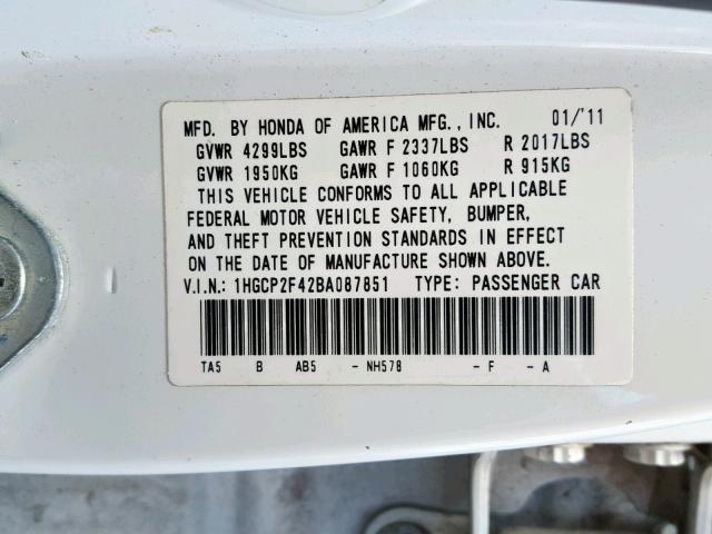 1HGCP2F42BA087851 - 2011 HONDA ACCORD LXP WHITE photo 10