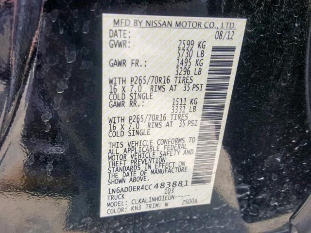 1N6AD0ER4CC483881 - 2012 NISSAN FRONTIER S BLACK photo 10