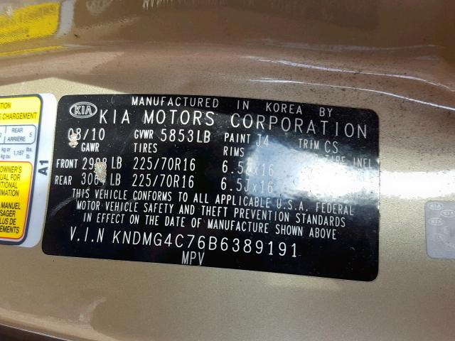 KNDMG4C76B6389191 - 2011 KIA SEDONA LX TAN photo 10