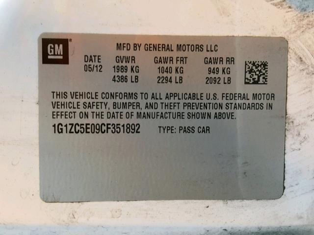 1G1ZC5E09CF351892 - 2012 CHEVROLET MALIBU 1LT 白色 照片 10