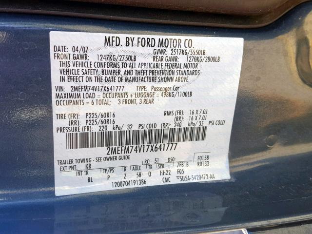 2MEFM74V17X641777 - 2007 MERCURY GRAND MARQ BLUE photo 10