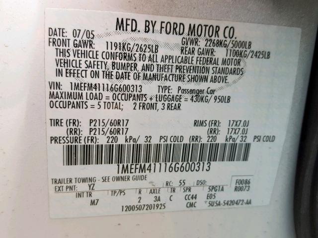 1MEFM41116G600313 - 2006 MERCURY MONTEGO LU WHITE photo 10