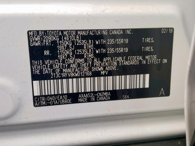 2T3C1RFV8KW012168 - 2019 TOYOTA RAV4 XLE P WHITE photo 10