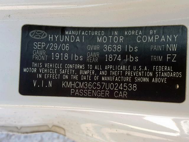 KMHCM36C57U024538 - 2007 HYUNDAI ACCENT GS WHITE photo 10