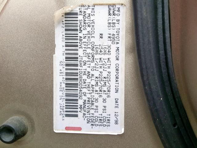 JT6HF10U8X0054092 - 1999 LEXUS RX 300 GOLD photo 10