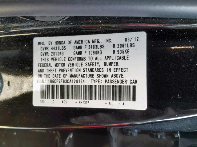 1HGCP2F83CA120134 - 2012 HONDA ACCORD EXL BLACK photo 10