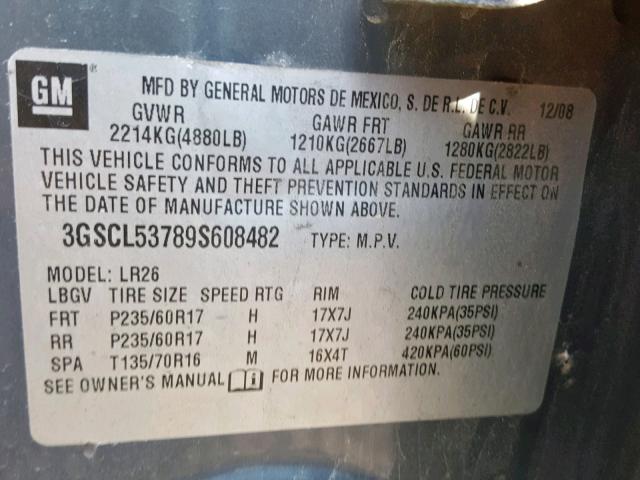 3GSCL53789S608482 - 2009 SATURN VUE XR GRAY photo 10