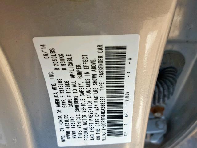 1HGCR2F84EA263526 - 2014 HONDA ACCORD EXL SILVER photo 10