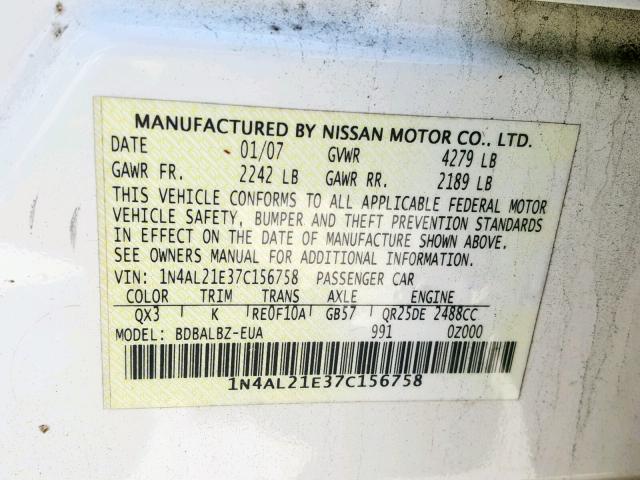 1N4AL21E37C156758 - 2007 NISSAN ALTIMA 2.5 WHITE photo 10