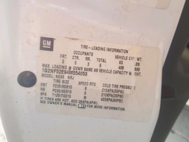 1G2NF52E94M554053 - 2004 PONTIAC GRAND AM S WHITE photo 10