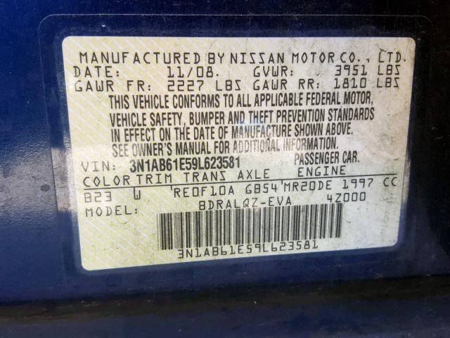 3N1AB61E59L623581 - 2009 NISSAN SENTRA 2.0 BLUE photo 10