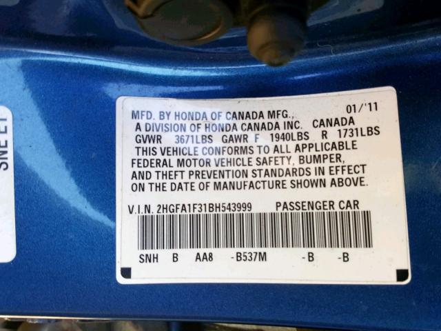 2HGFA1F31BH543999 - 2011 HONDA CIVIC VP BLUE photo 10