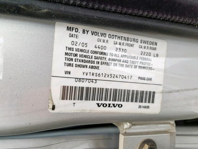 YV1RS612X52470417 - 2005 VOLVO S60 SILVER photo 10