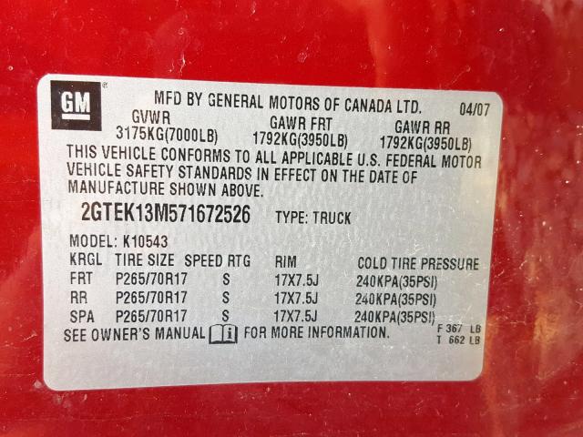 2GTEK13M571672526 - 2007 GMC NEW SIERRA RED photo 10