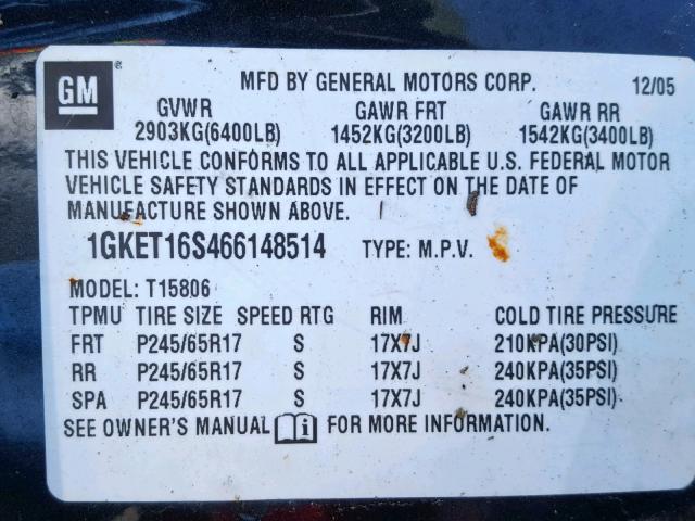 1GKET16S466148514 - 2006 GMC ENVOY XL BLACK photo 10