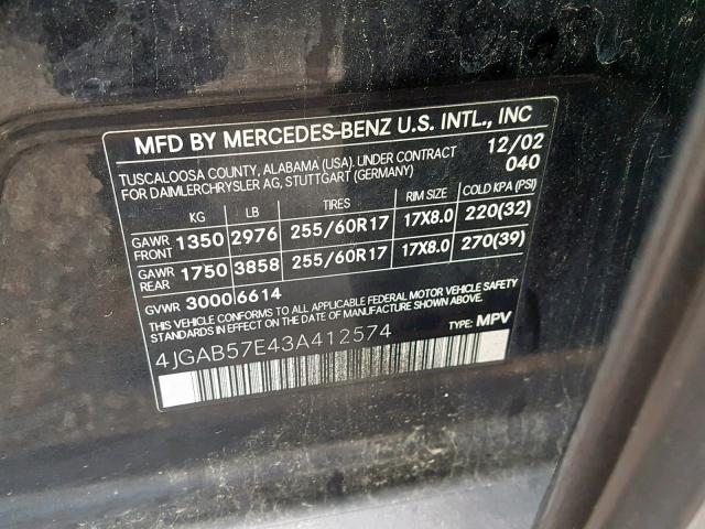 4JGAB57E43A412574 - 2003 MERCEDES-BENZ ML 350 BLACK photo 10