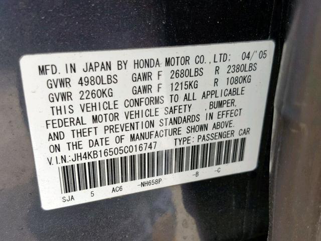 JH4KB16505C016747 - 2005 ACURA RL GRAY photo 10