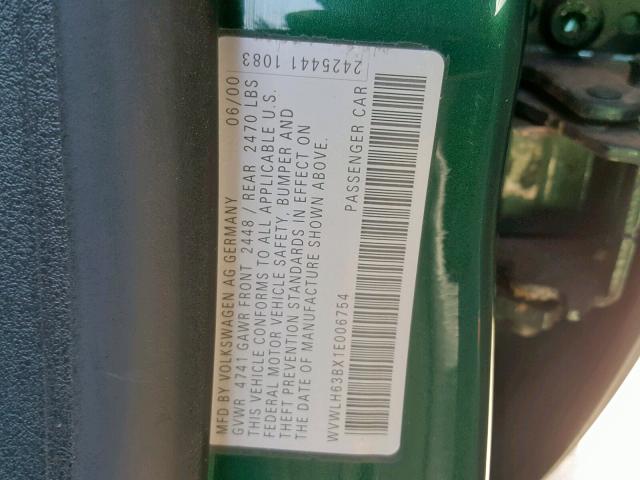 WVWLH63BX1E006754 - 2001 VOLKSWAGEN PASSAT GLX Yaşıl foto 10