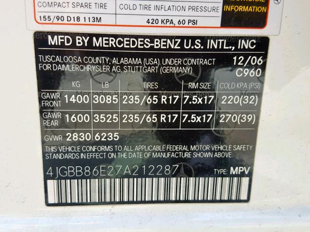 4JGBB86E27A212287 - 2007 MERCEDES-BENZ ML 350 WHITE photo 10