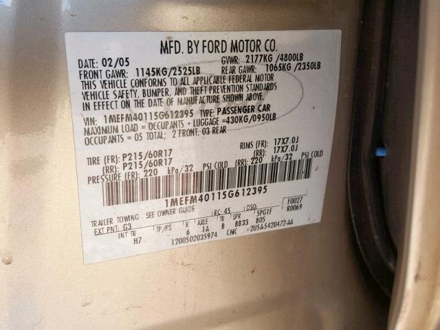 1MEFM40115G612395 - 2005 MERCURY MONTEGO LU BEIGE photo 10