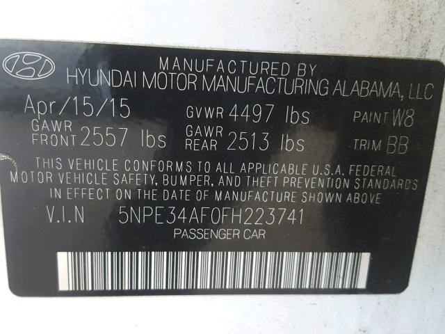 5NPE34AF0FH223741 - 2015 HYUNDAI SONATA SPO WHITE photo 10