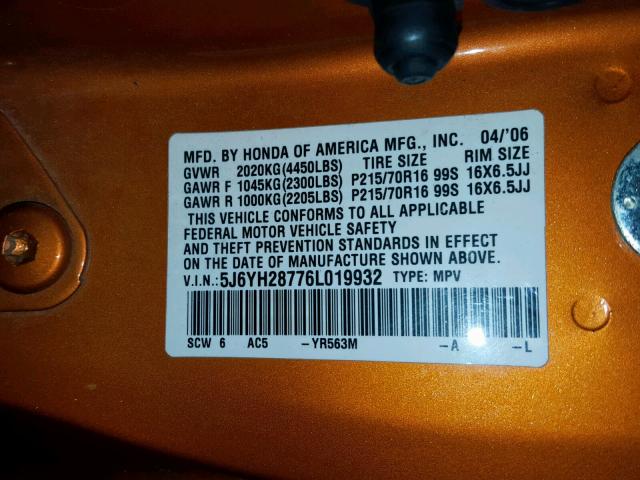 5J6YH28776L019932 - 2006 HONDA ELEMENT EX ORANGE photo 10