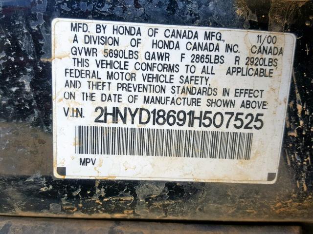 2HNYD18691H507525 - 2001 ACURA MDX TOURIN BLACK photo 10