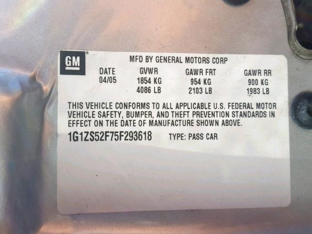 1G1ZS52F75F293618 - 2005 CHEVROLET MALIBU SILVER photo 10