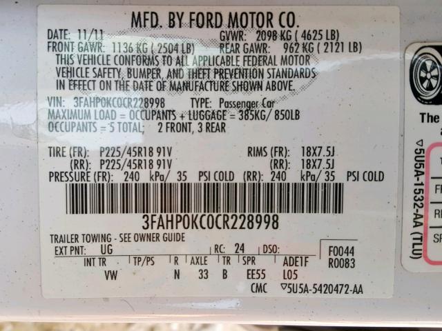 3FAHP0KC0CR228998 - 2012 FORD FUSION SPO WHITE photo 10