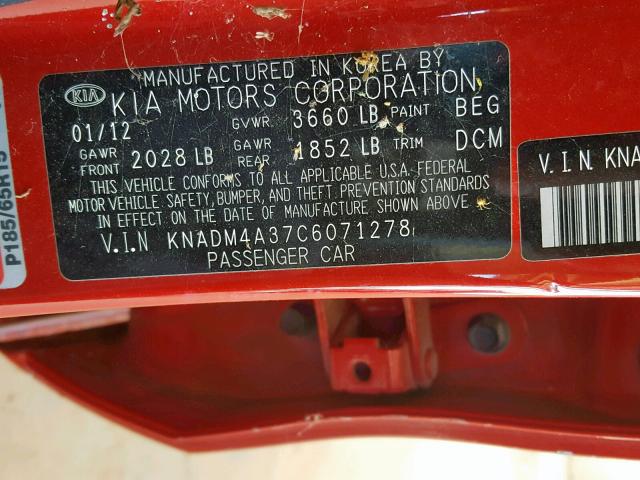 KNADM4A37C6071278 - 2012 KIA RIO LX RED photo 10