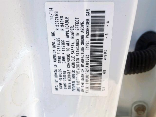 19UUB2F52FA009362 - 2015 ACURA TLX TECH WHITE photo 10