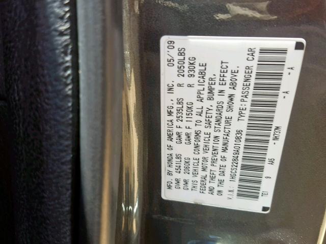 1HGCS22849A010836 - 2009 HONDA ACCORD EXL GRAY photo 10