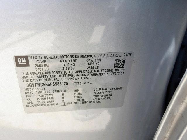 3GYFNCE35FS586125 - 2015 CADILLAC SRX PERFOR SILVER photo 10